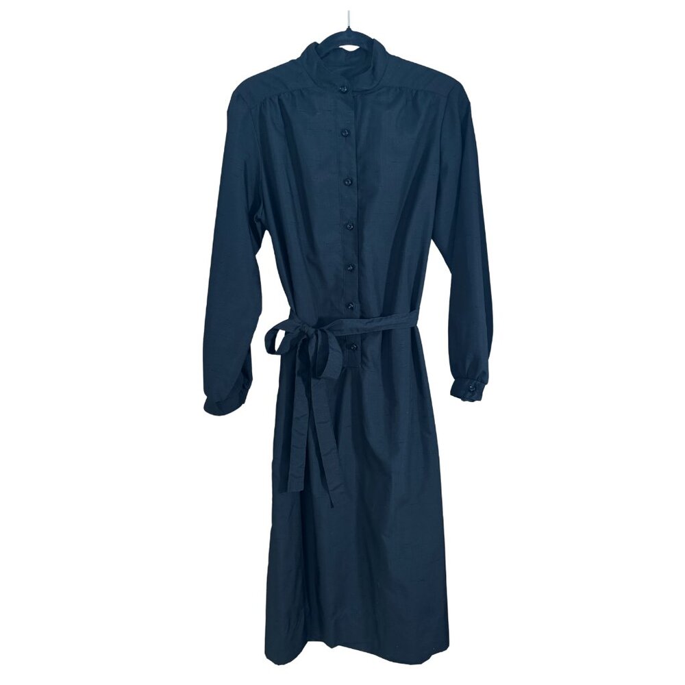 Vintage Henry-Lee Black Button Front Shirt Dress Belted Midi 70s Workwear - Picture 5 of 9